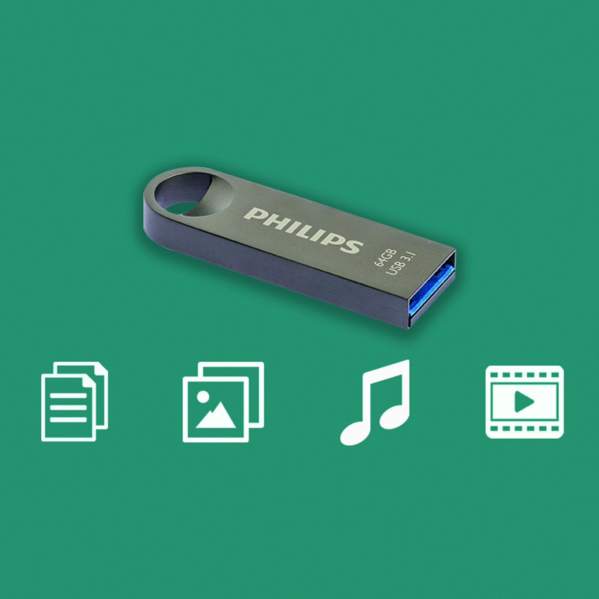 Una unidad USB Philips de 64 GB gris sobre fondo verde con iconos de documentos, imágenes, música y vídeo debajo.