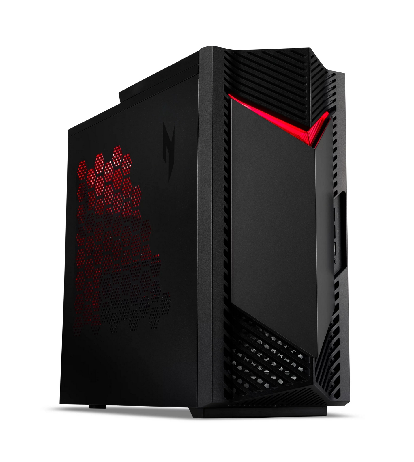 Tower PC da gioco nero con accenti rossi e motivo a nido d'ape sul lato.