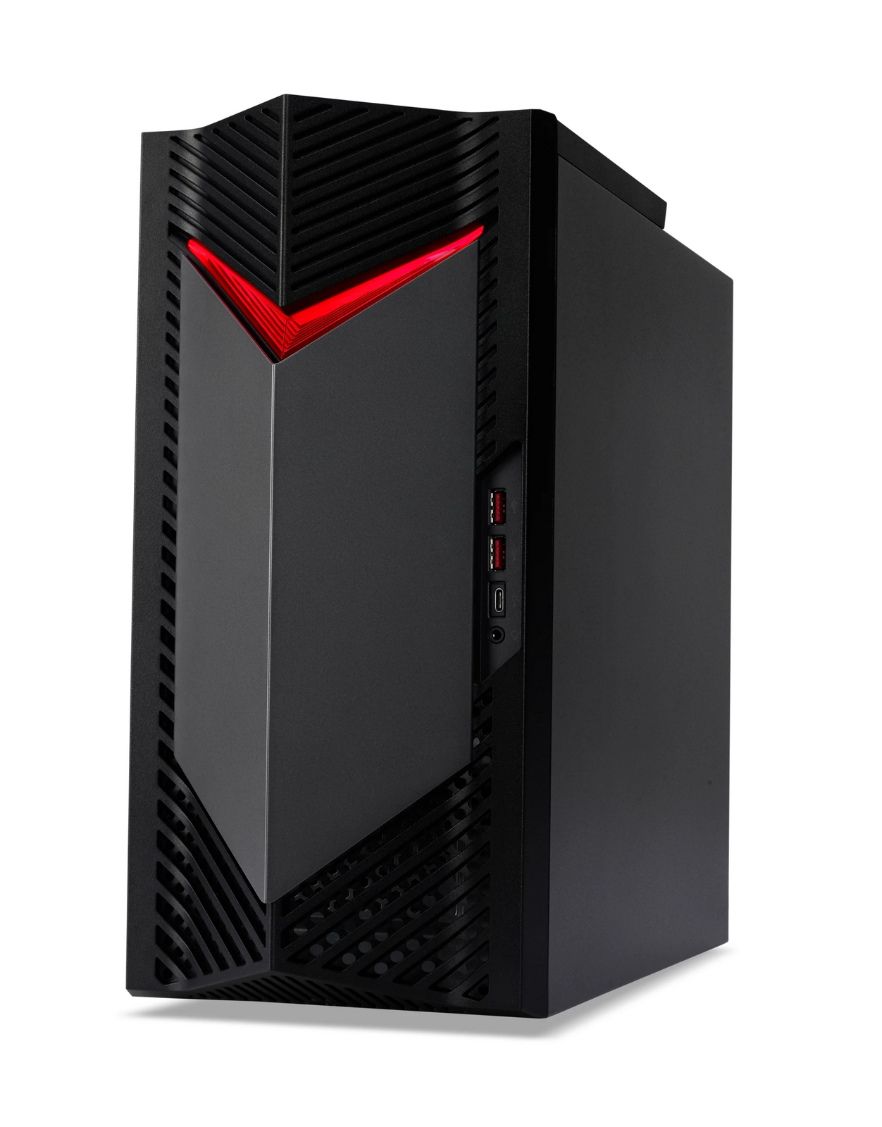 Tower PC da gioco nero con luce LED rossa a forma di V sul pannello frontale e porte USB sul lato.