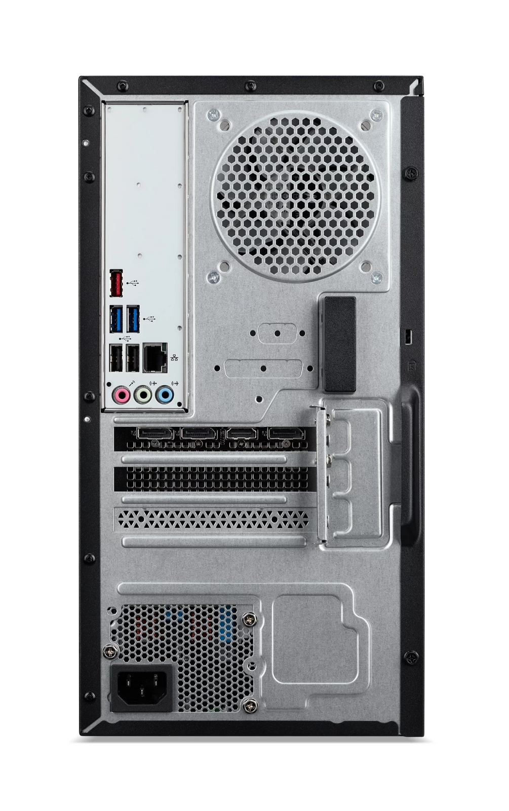 Vista posteriore di un case per PC nero con porte I/O, griglia ventola, slot di espansione e alimentatore.