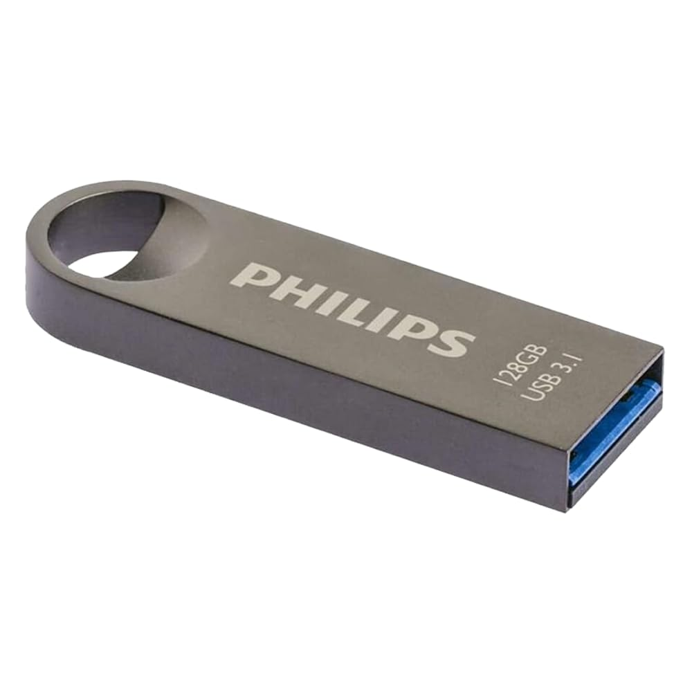 Een grijze Philips 128GB USB 3.1 USB-flashdrive met sleutelringopening en blauwe connector.