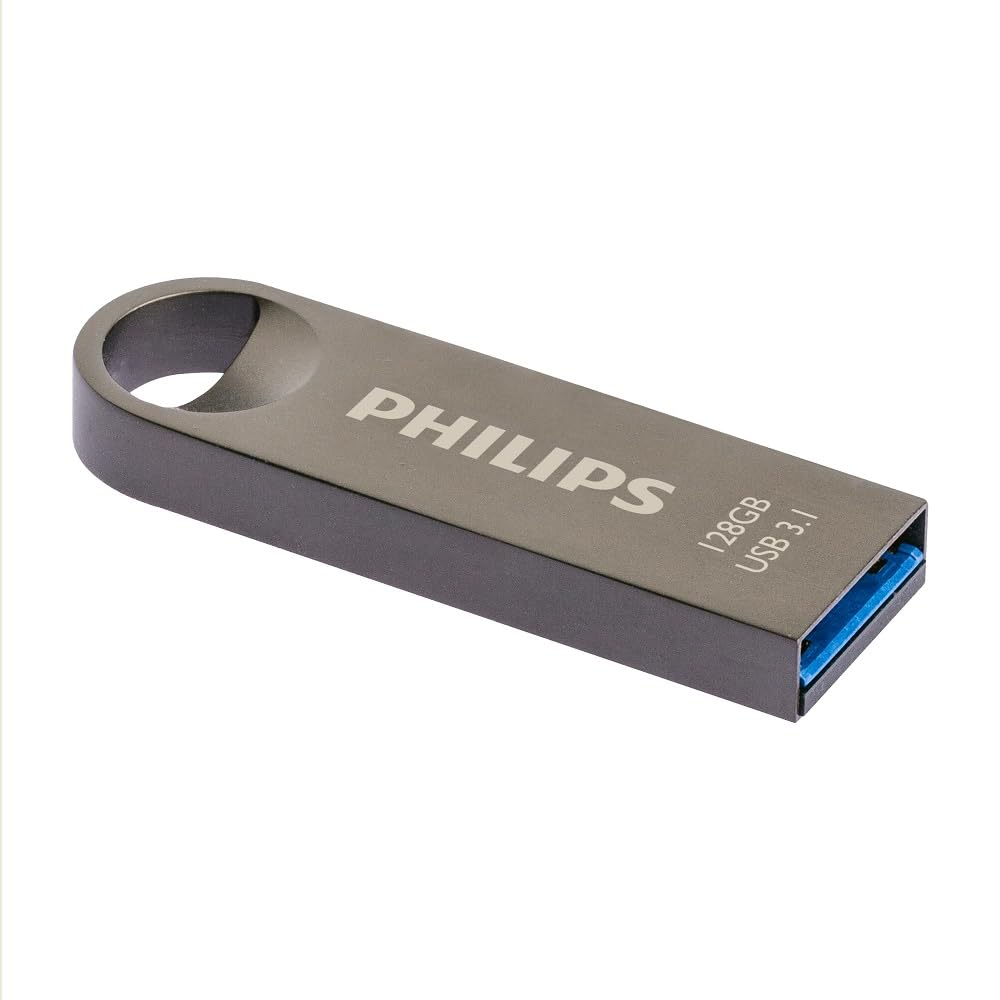 Een grijze Philips 128GB USB 3.1-flashdrive met een sleutelhangeropening op een witte achtergrond.