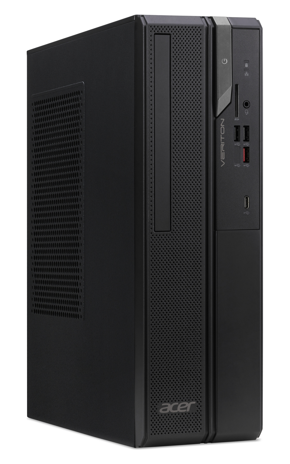 Un computer desktop Acer Veriton nero si trova su una superficie bianca con porte anteriori visibili.