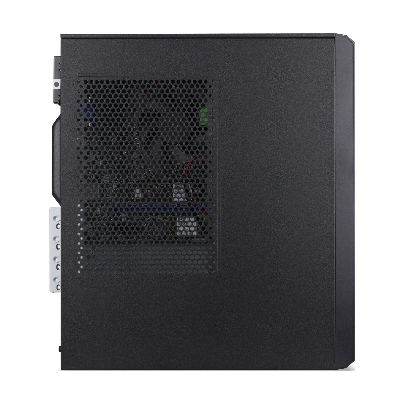 Un pannello laterale di un tower per computer nero con una grande griglia di ventilazione.