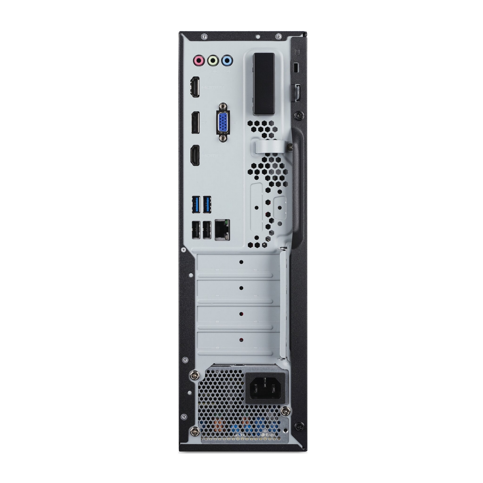 Vista posteriore di un tower PC nero e argento con jack audio, porte video, porte USB e alimentatore.