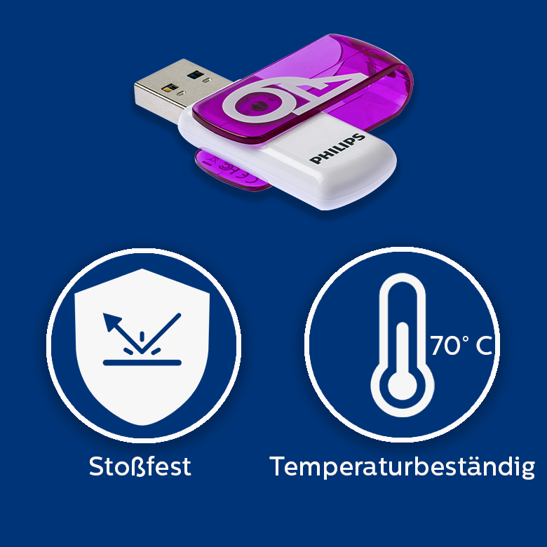 Mor klipsli Philips USB bellek, darbeye dayanıklı ve 70C'ye kadar ısıya dayanıklı.