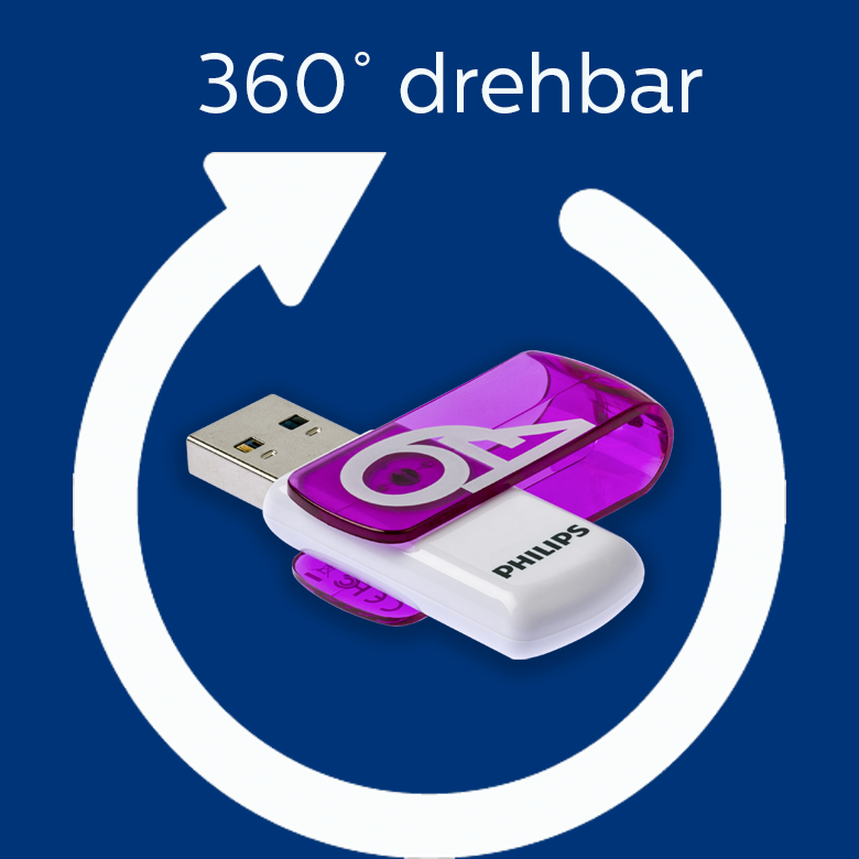 Mavi arka plan üzerinde 360 derece döndürme simgesine sahip beyaz ve mor Philips USB bellek.