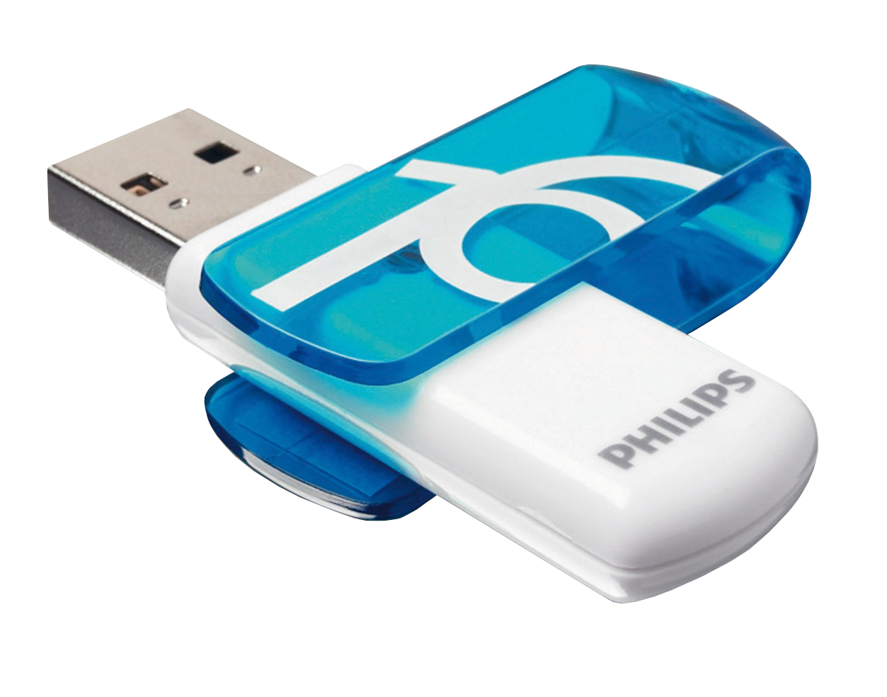 Una memoria USB Philips blanca con tapa giratoria azul translúcida, sobre fondo negro.