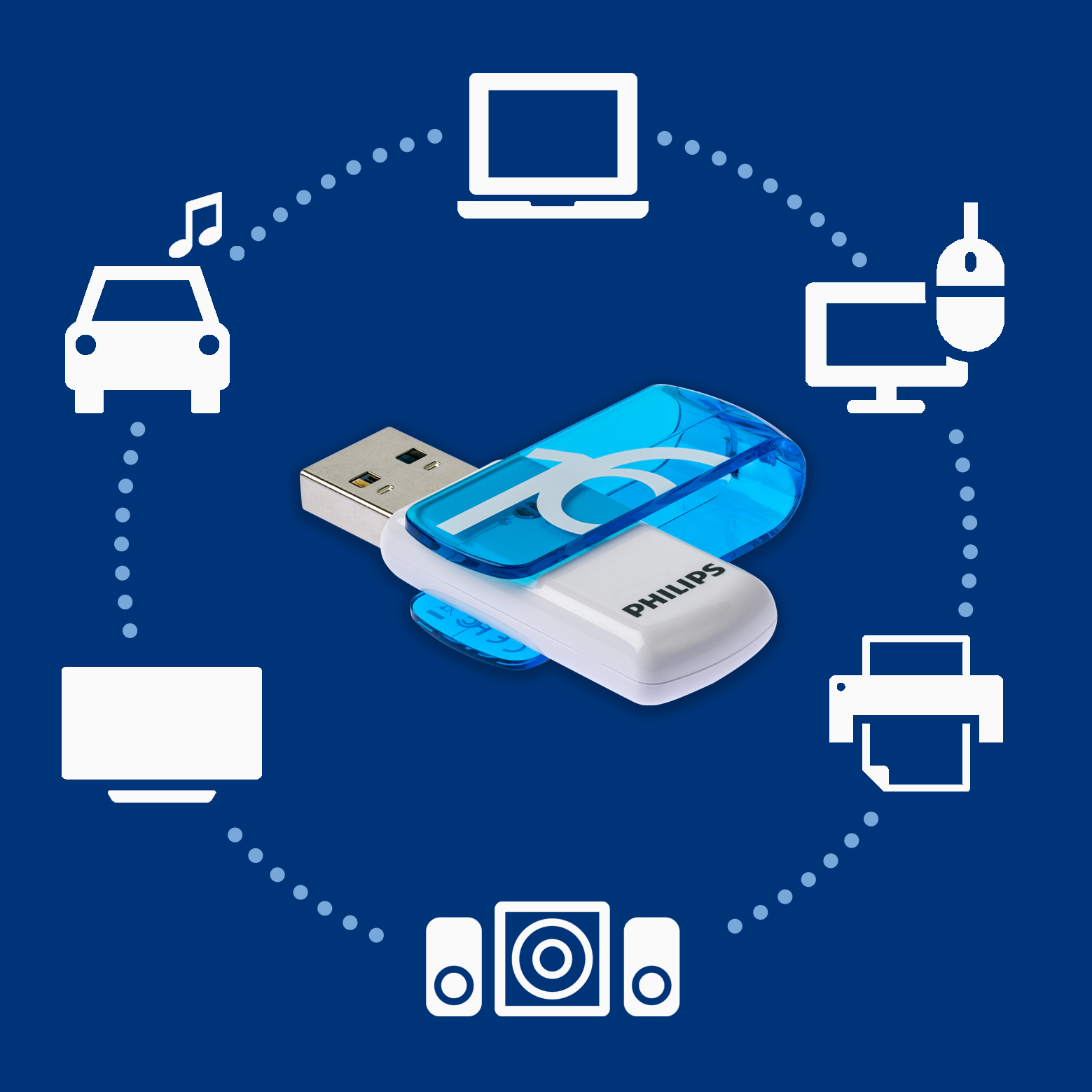 Una unidad flash USB Philips en el centro rodeada de iconos blancos de dispositivos sobre fondo azul.