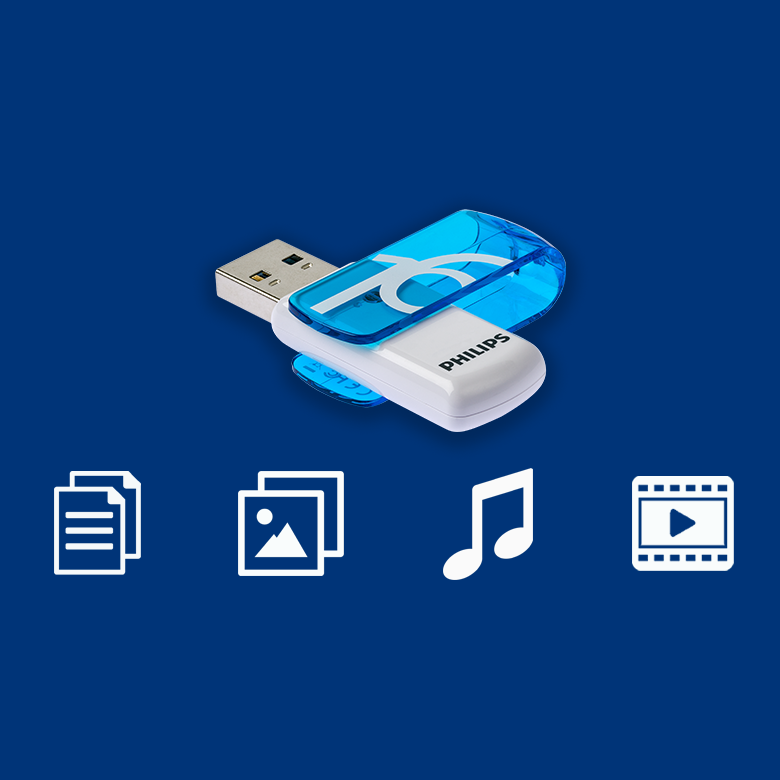 Una unidad flash USB Philips con tapa azul translúcida sobre cuatro iconos blancos en fondo azul.