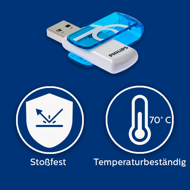 Memoria USB Philips sobre fondo azul con iconos de resistente a golpes y temperatura.