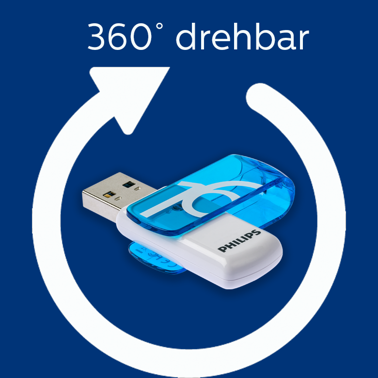 Una memoria USB Philips blanca y azul sobre un fondo azul con una gran flecha circular blanca.