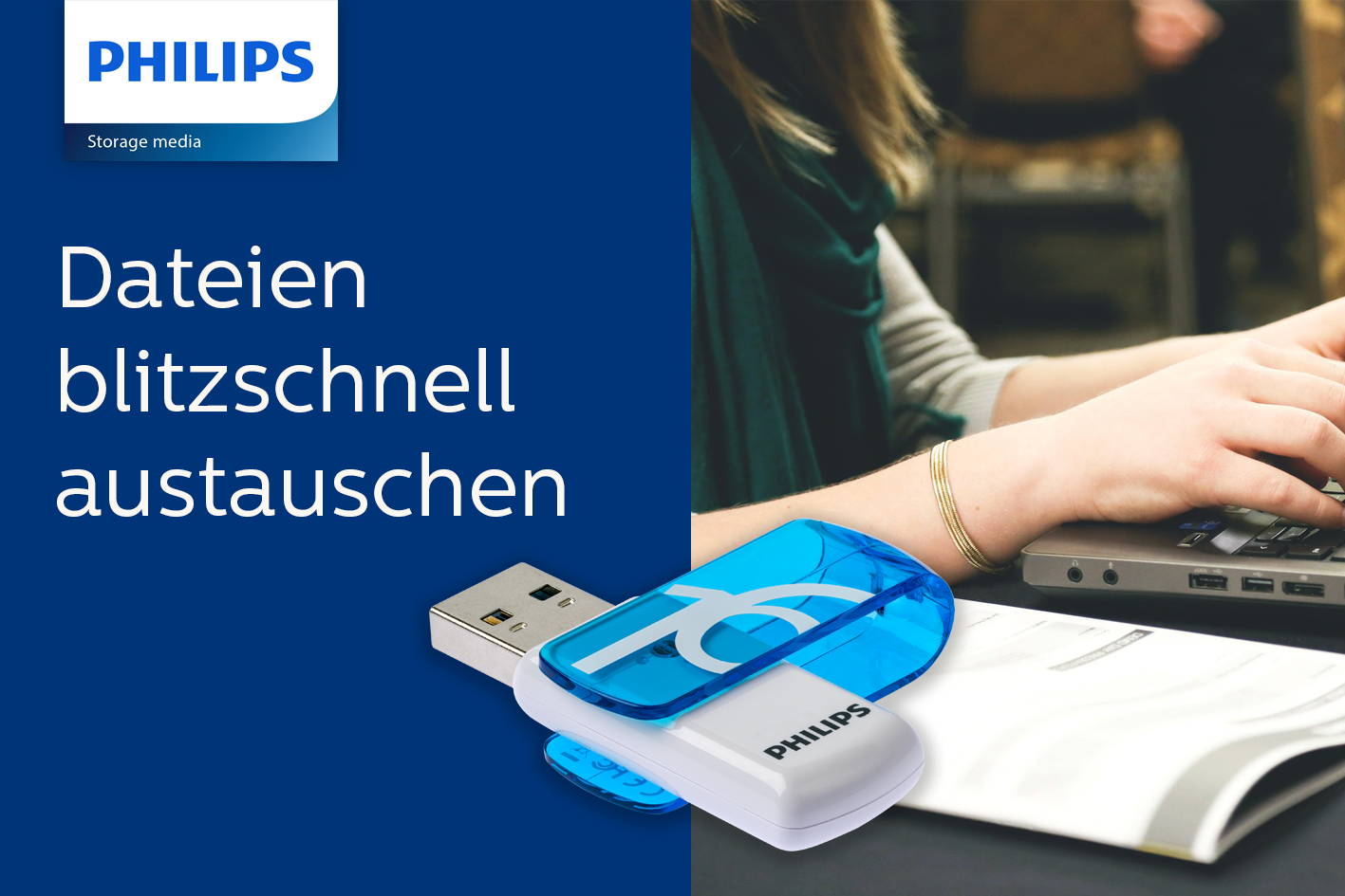 Memoria USB Philips junto a documentos; persona escribiendo en portátil.