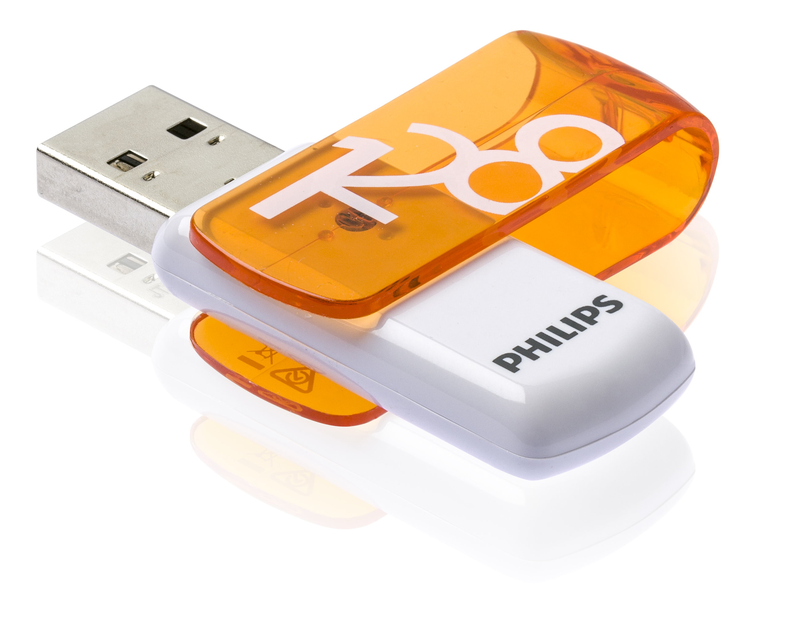Beyaz arka planda beyaz logolu ve metal konnektörlü beyaz ve turuncu Philips USB bellek.