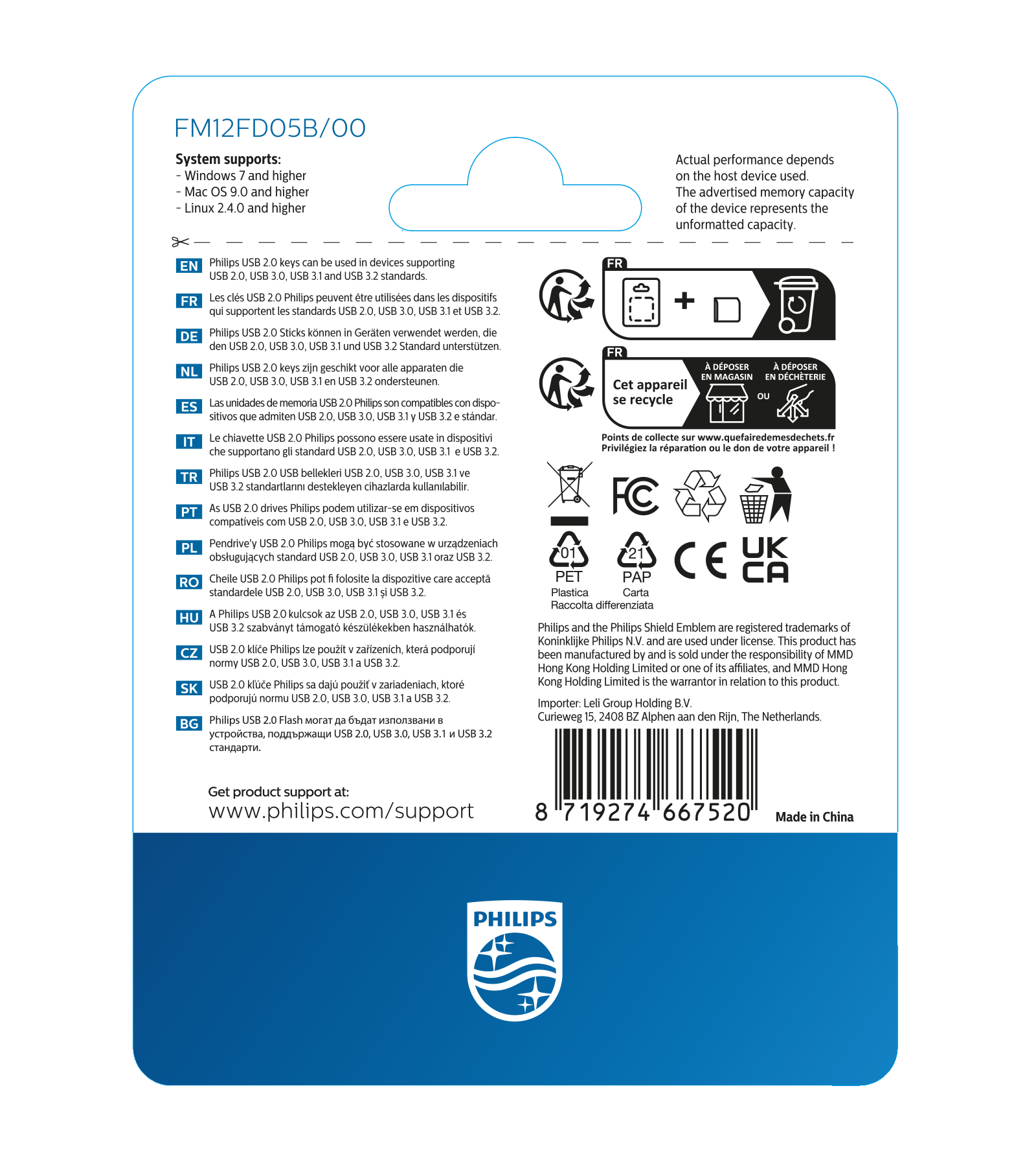 Teknik özellikler, semboller ve barkod içeren Philips USB bellek ambalajının arkası.