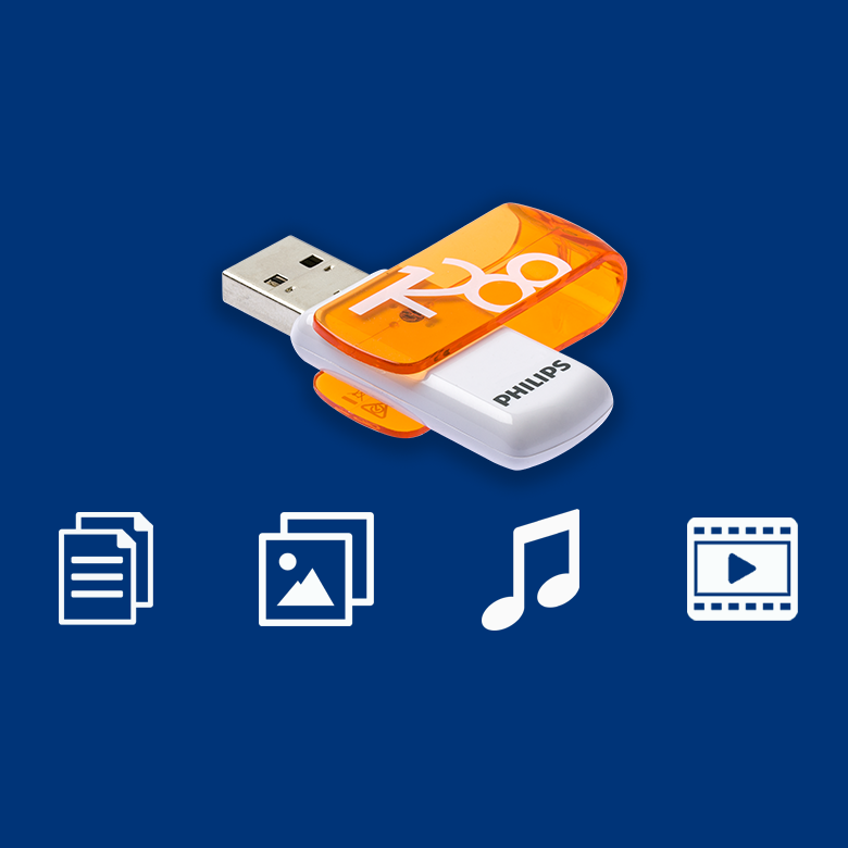 Mavi arka planda belge, resim, müzik ve video simgeleriyle beyaz ve turuncu renkli bir Philips USB bellek.