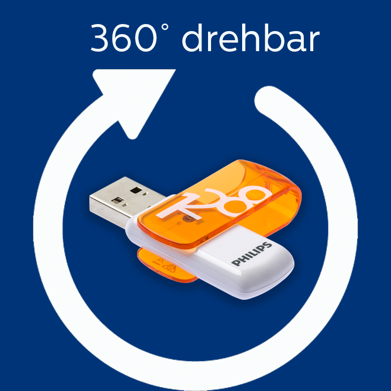 Mavi arka plan üzerinde turuncu döner klipsli beyaz bir Philips USB bellek ve beyaz dairesel ok.