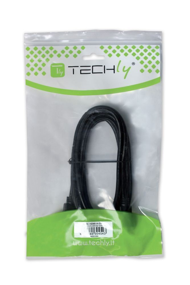 Un cable negro dentro de una bolsa de plástico Techly.