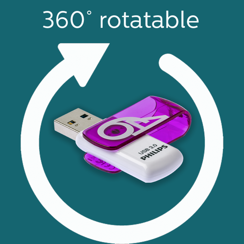 Teal arka planda mor ve beyaz Philips USB 3.0 bellek ve 360 derece döndürme simgesi.