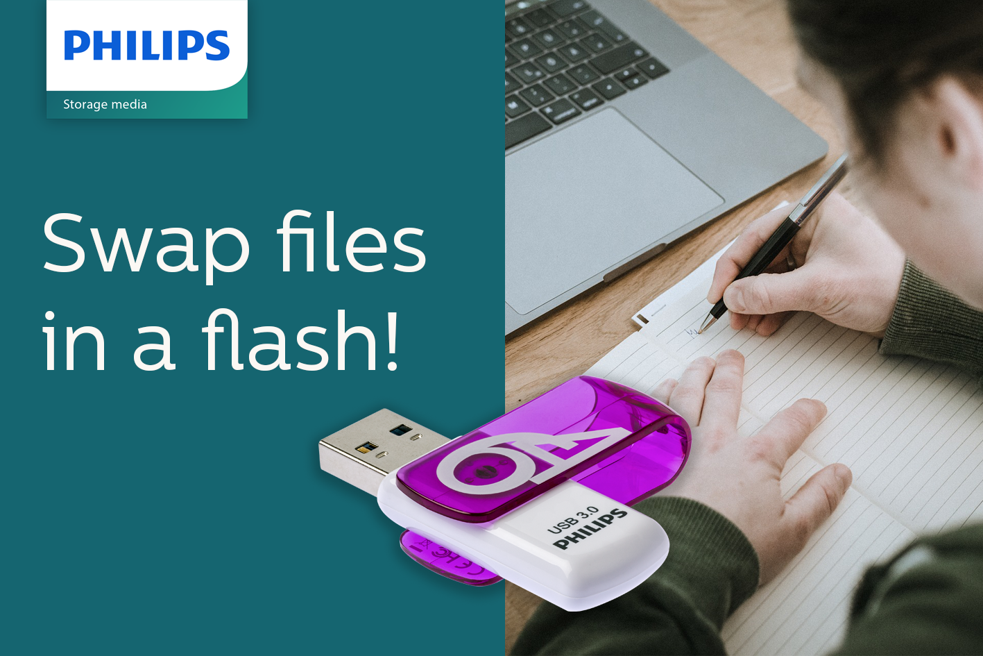Philips logosu, promosyon metni, dizüstü bilgisayar, defter ve mor USB bellek.