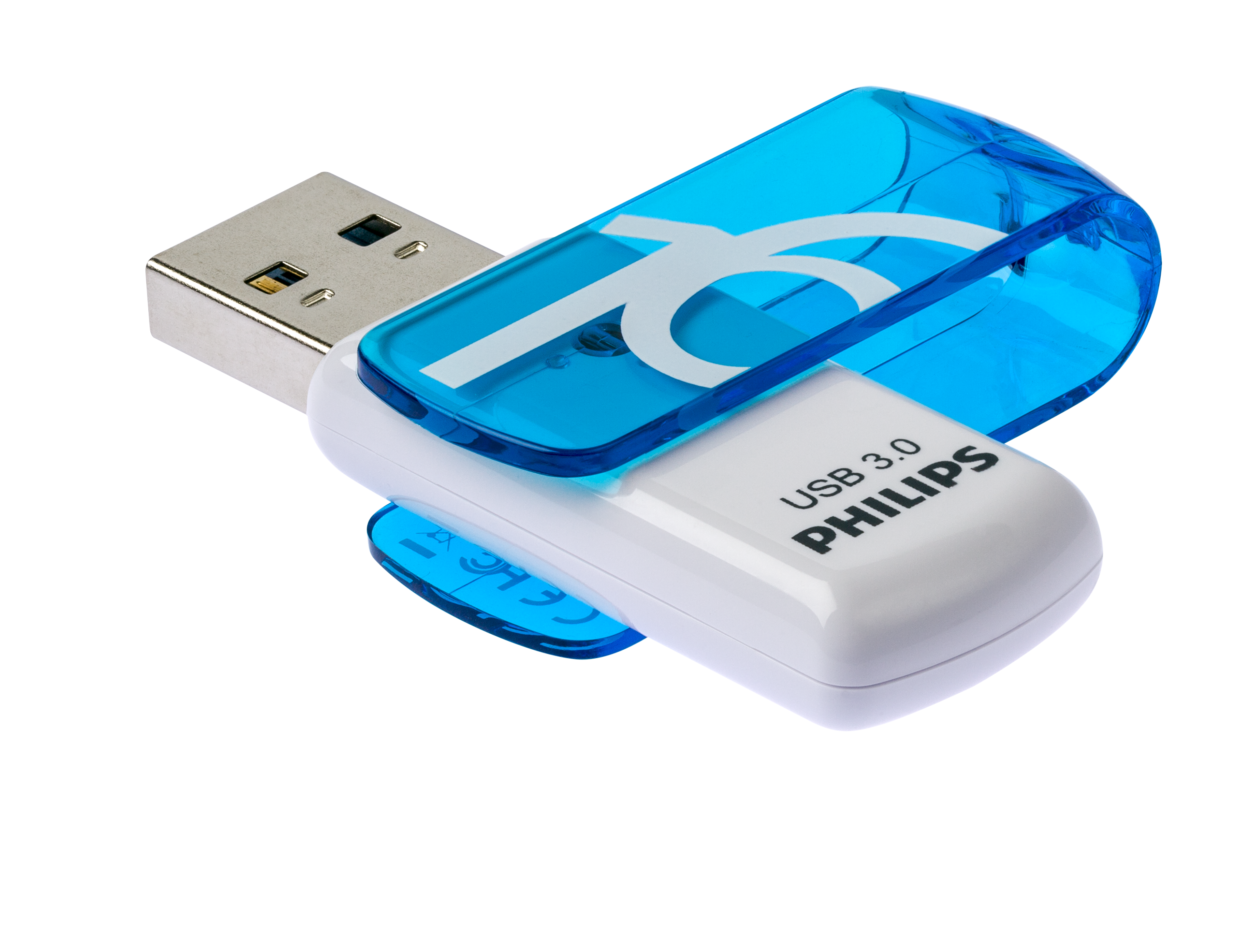 Una unidad flash USB 3.0 Philips blanca y azul con un conector metálico sobre fondo negro.