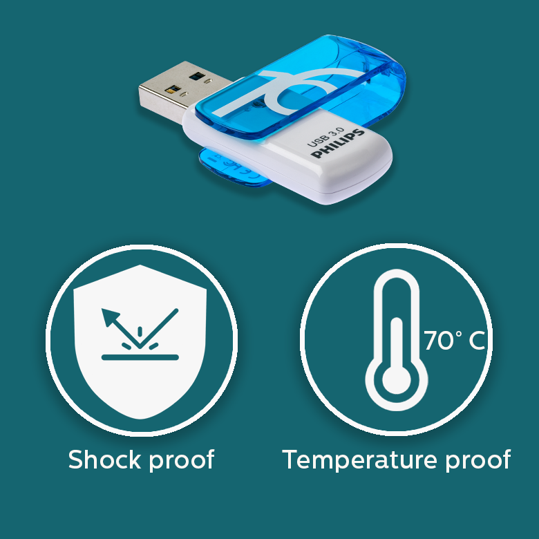 Memoria USB Philips con iconos de resistencia a golpes y temperatura de hasta 70 °C.