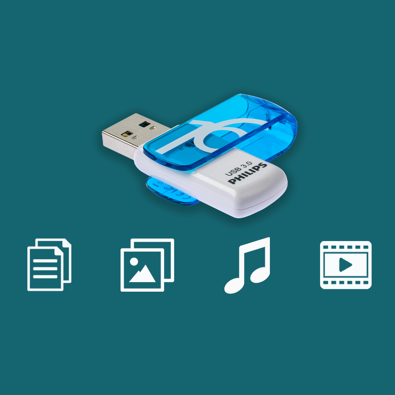 Una memoria USB Philips blanca y azul sobre iconos de documentos, imágenes, música y vídeo en fondo azul.