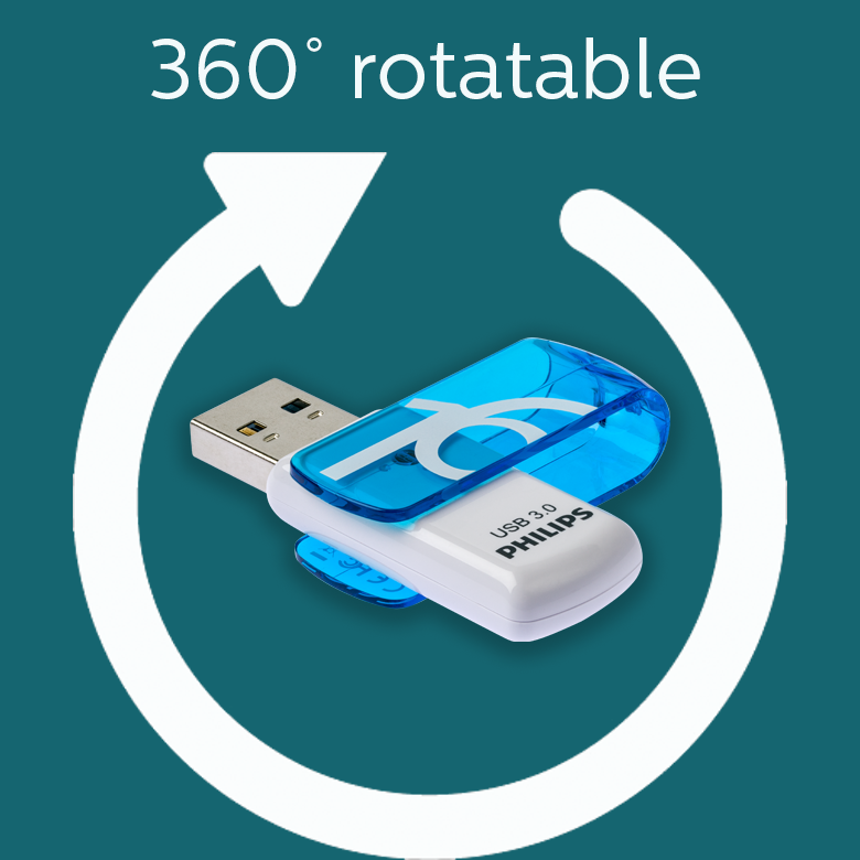Una memoria USB 3.0 de Philips con cuerpo blanco y tapa giratoria azul sobre fondo verde azulado con icono de rotación.