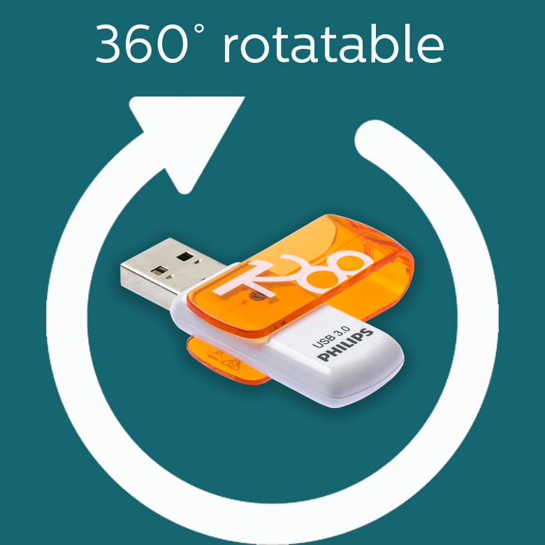 Een witte en oranje Philips USB 3.0-flashdrive tegen een donkere achtergrond met een witte cirkelvormige pijl.