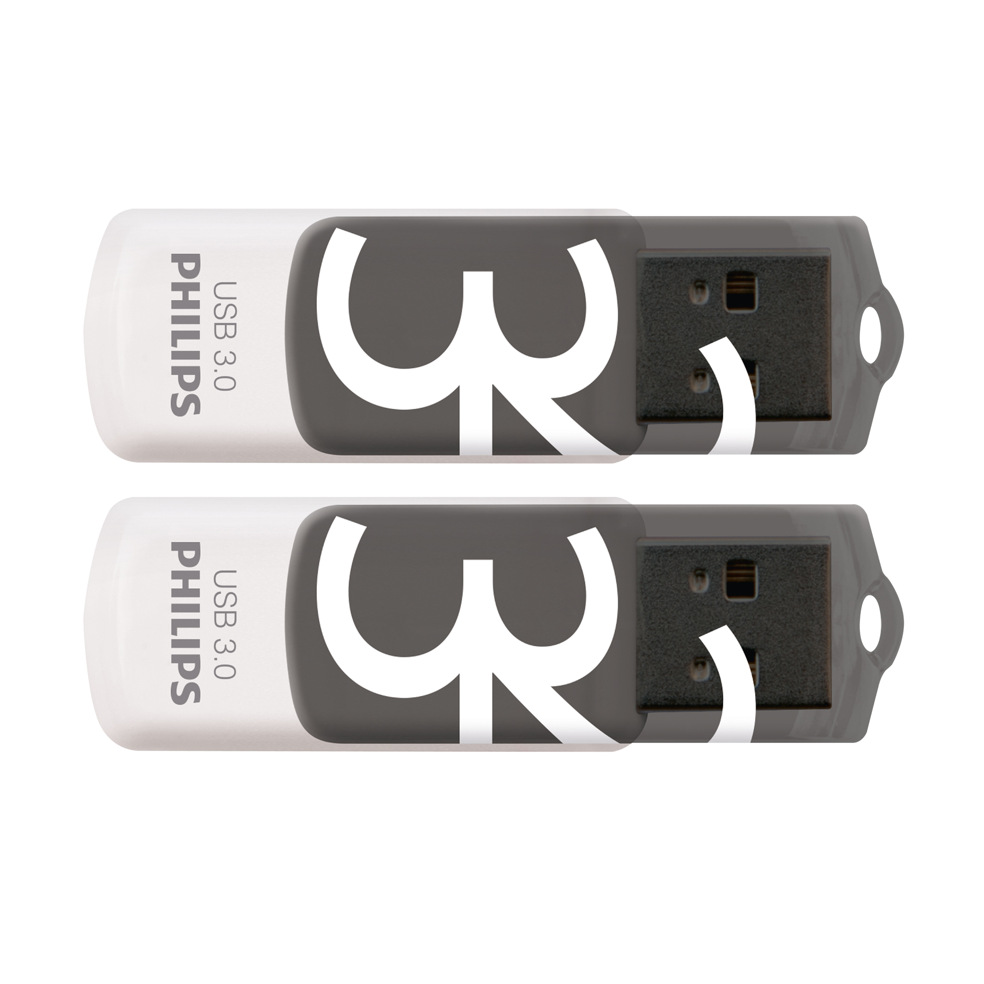 Dwa białe pendrive'y Philips USB 3.0 z czarnym wzorem i dużą cyfrą 3 są umieszczone poziomo na białym tle.