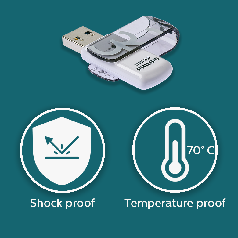 Pendrive Philips USB 3.0 z ikonami odporności na wstrząsy i temperaturę poniżej, na miodowym tle.