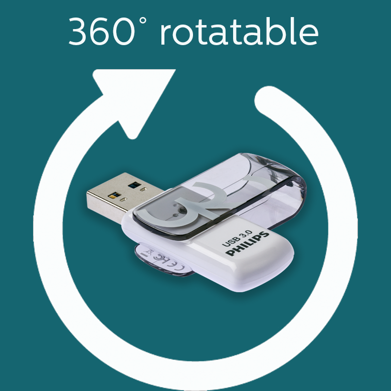Biała pamięć USB 3.0 Philips z funkcją obrotu o 360 stopni na morskim tle.