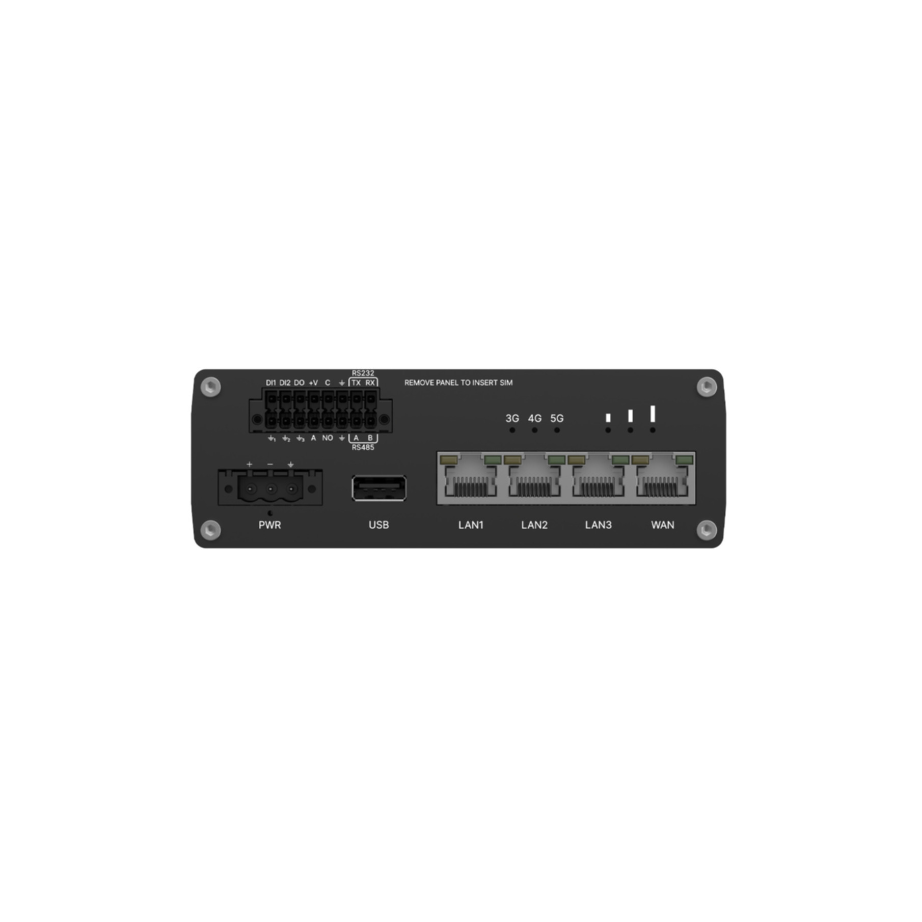 Vue arrière d'un routeur noir avec alimentation, USB, quatre ports LAN/WAN et connecteurs à vis.