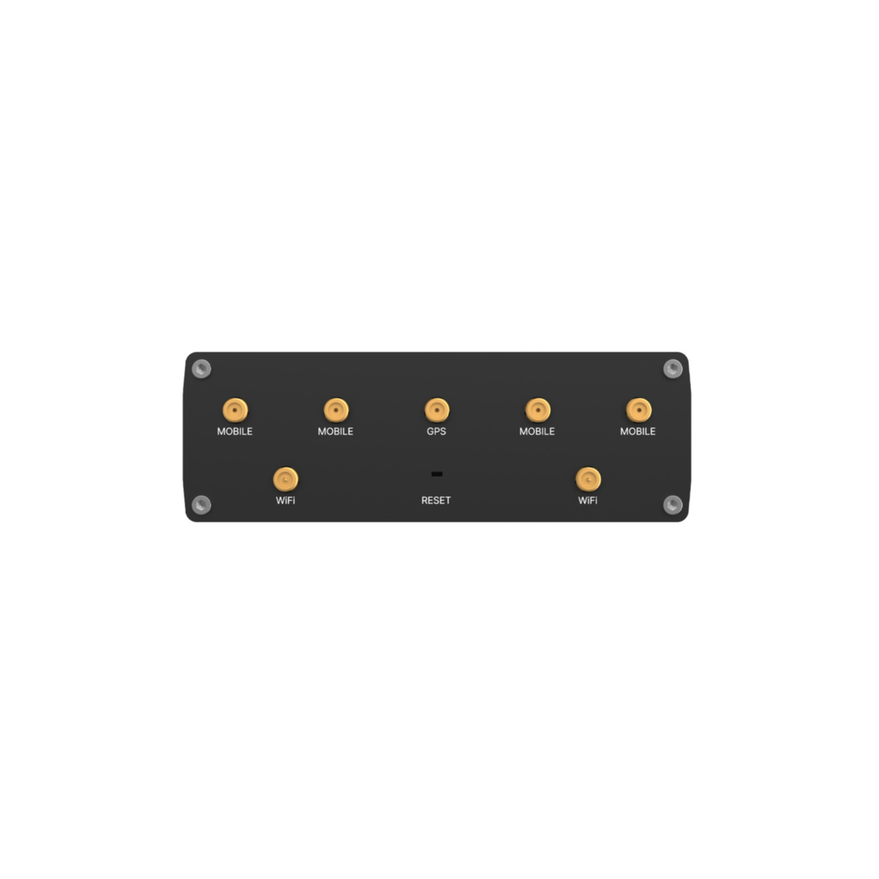 Panneau noir avec connecteurs dorés pour Mobile, GPS et WiFi, et bouton de réinitialisation sur fond blanc.