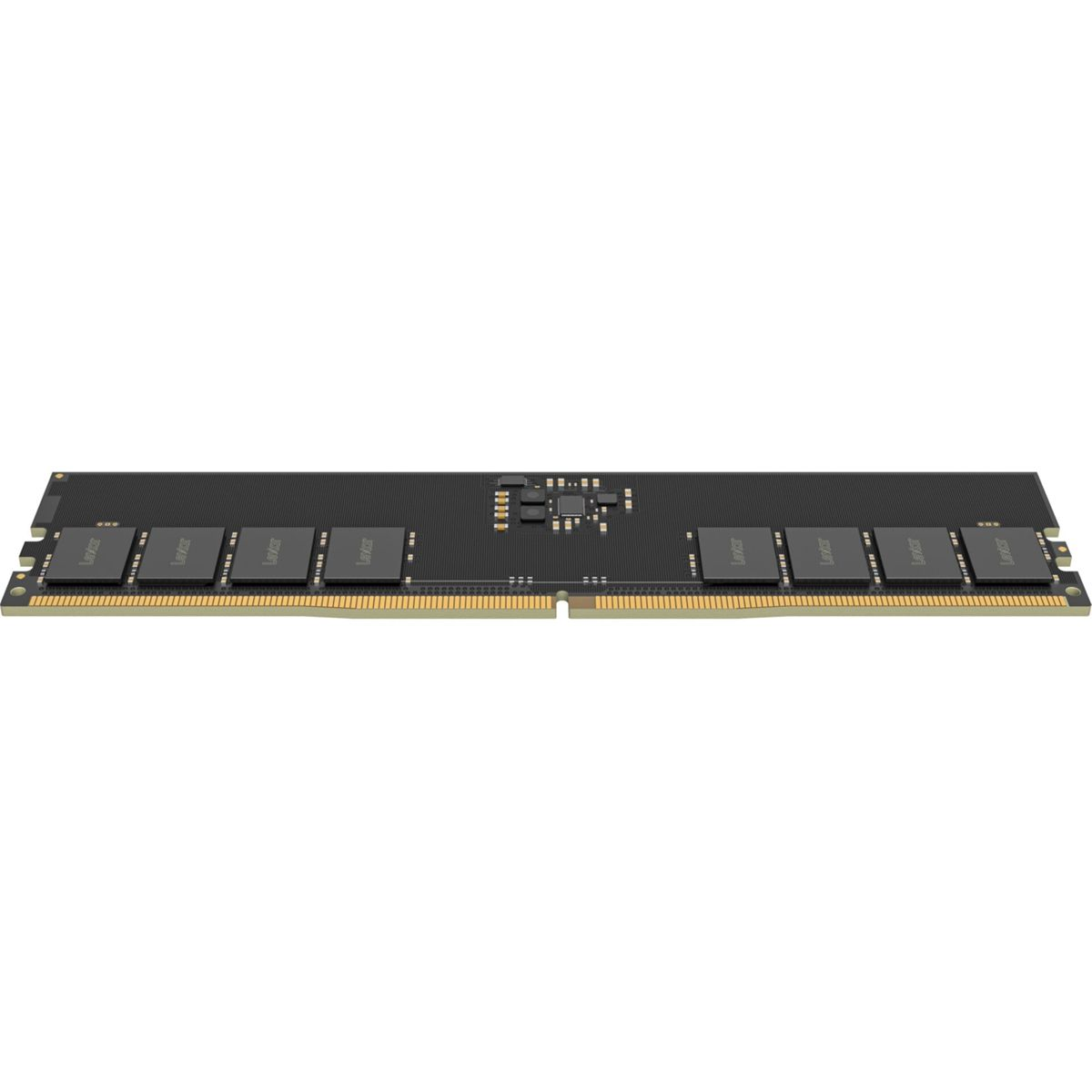 Un módulo de memoria RAM negro con ocho chips y contactos dorados sobre fondo blanco.