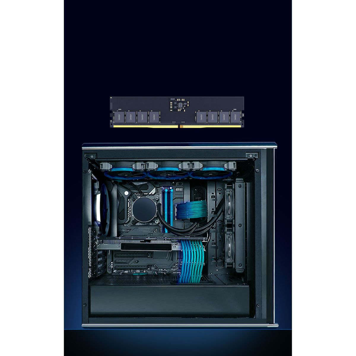 Una torre de PC con ventiladores azules y una memoria RAM flotando encima sobre fondo azul.
