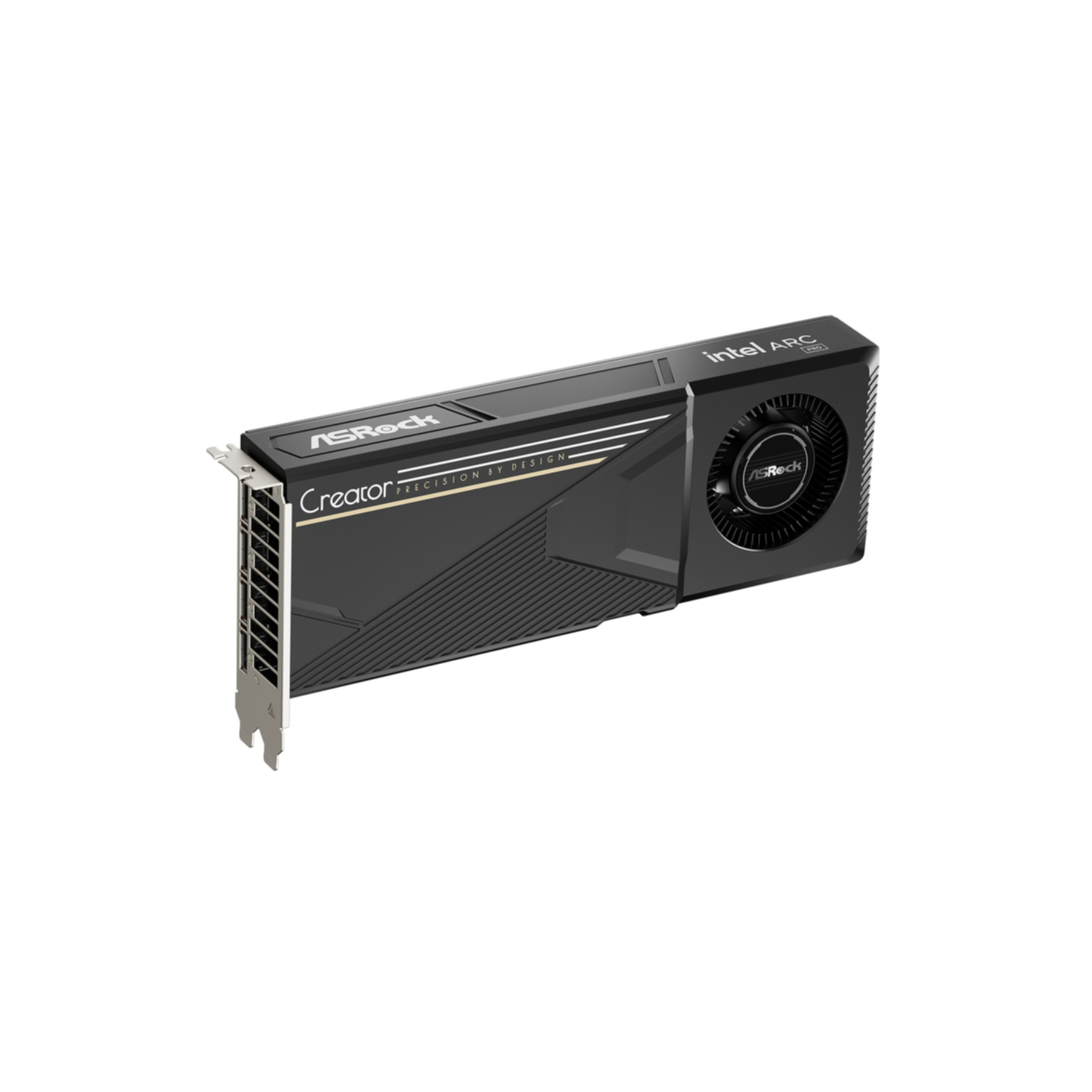 Czarna karta graficzna ASRock Intel Arc Pro z jednym wentylatorem i napisem Creator na białym tle.