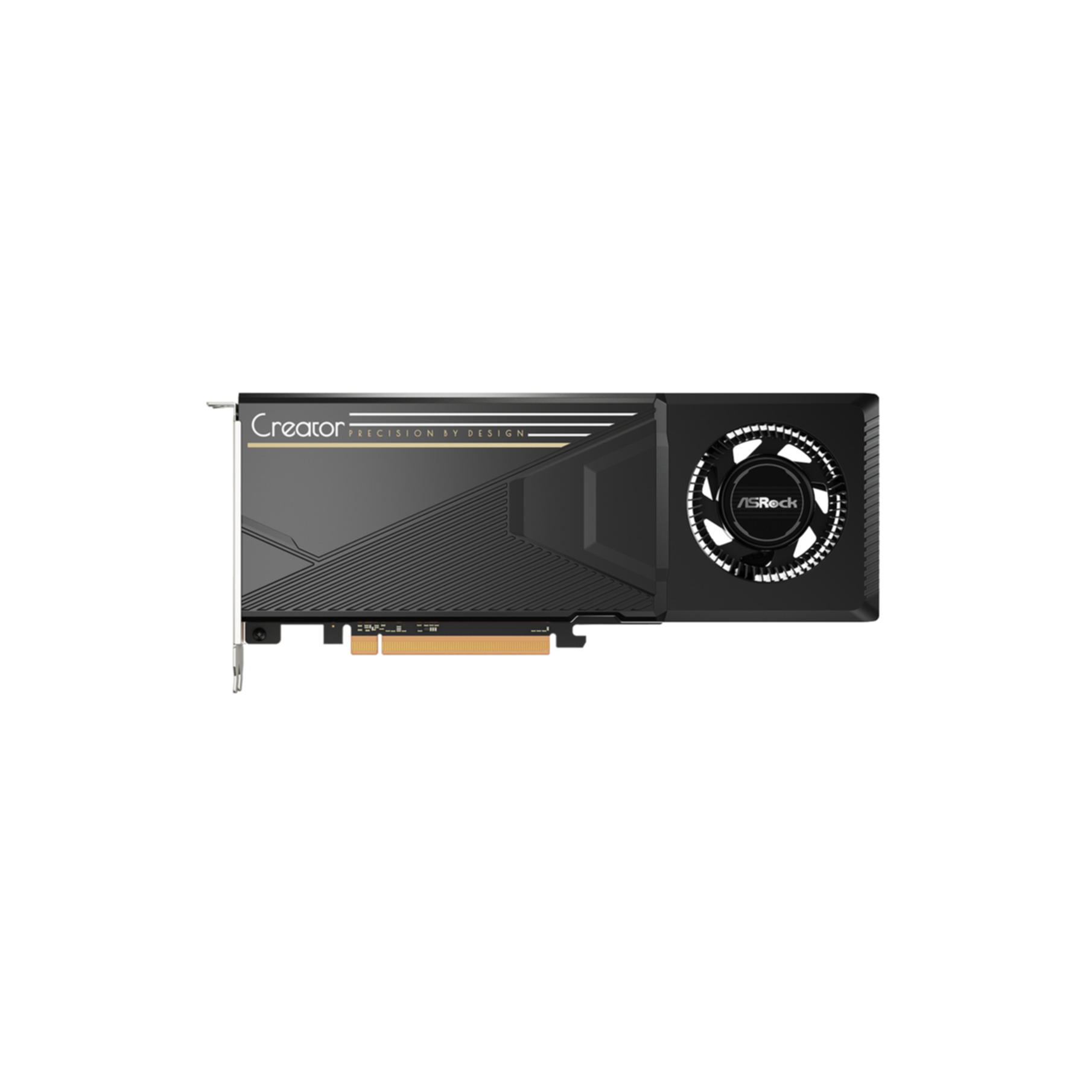 Czarna karta graficzna ASRock Creator z jednym wentylatorem na białym tle.