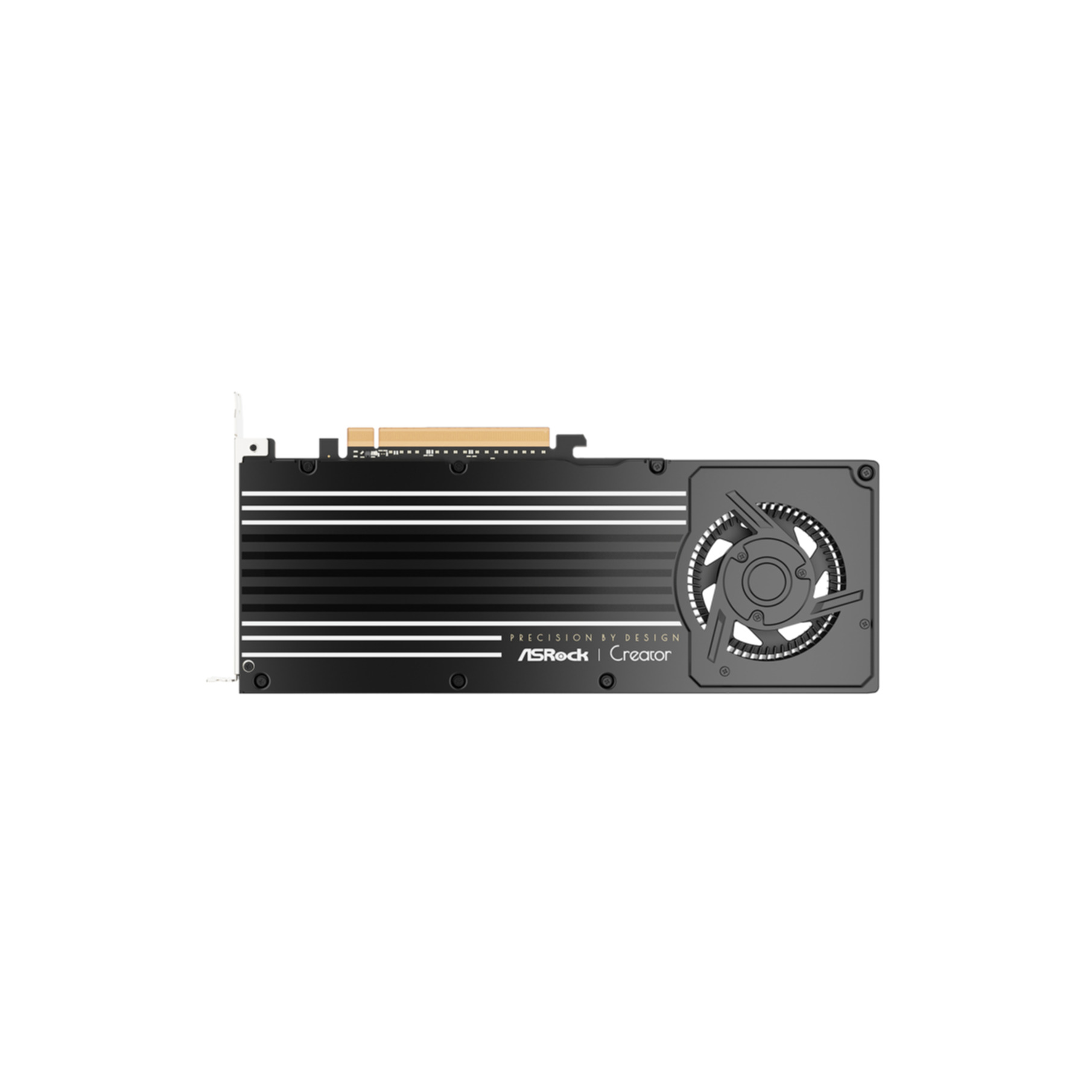 Czarna karta graficzna ASRock Creator ze srebrnymi paskami i pojedynczym wentylatorem na białym tle.