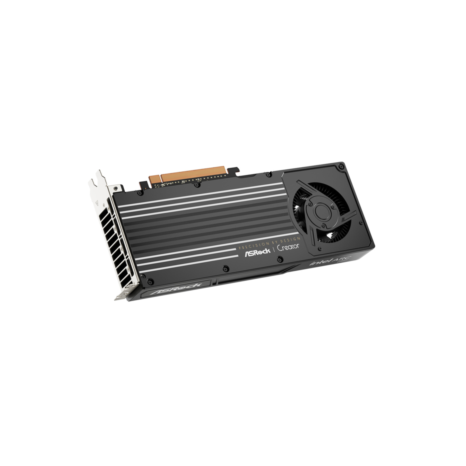 Czarna karta graficzna ASRock Creator ze srebrnymi paskami i jednym wentylatorem na białym tle.