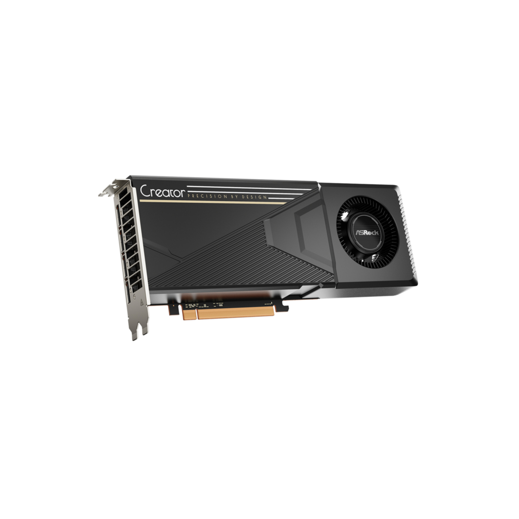 Czarna karta graficzna ASRock Creator z pojedynczym wentylatorem i srebrnym śledziem na białym tle.