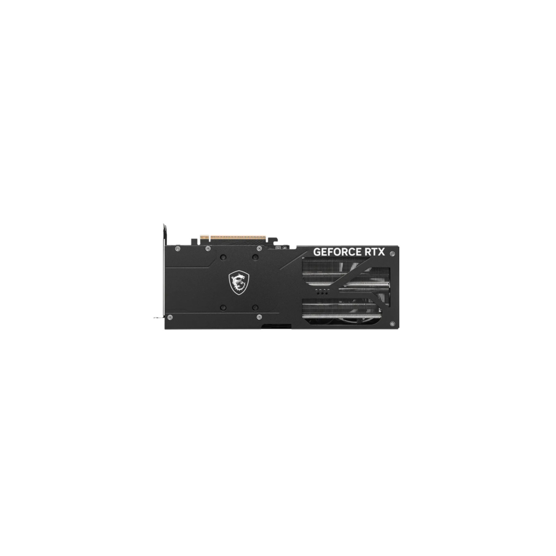Schwarze MSI GeForce RTX Grafikkarte mit Kühlrippen und Logo auf weißem Grund.