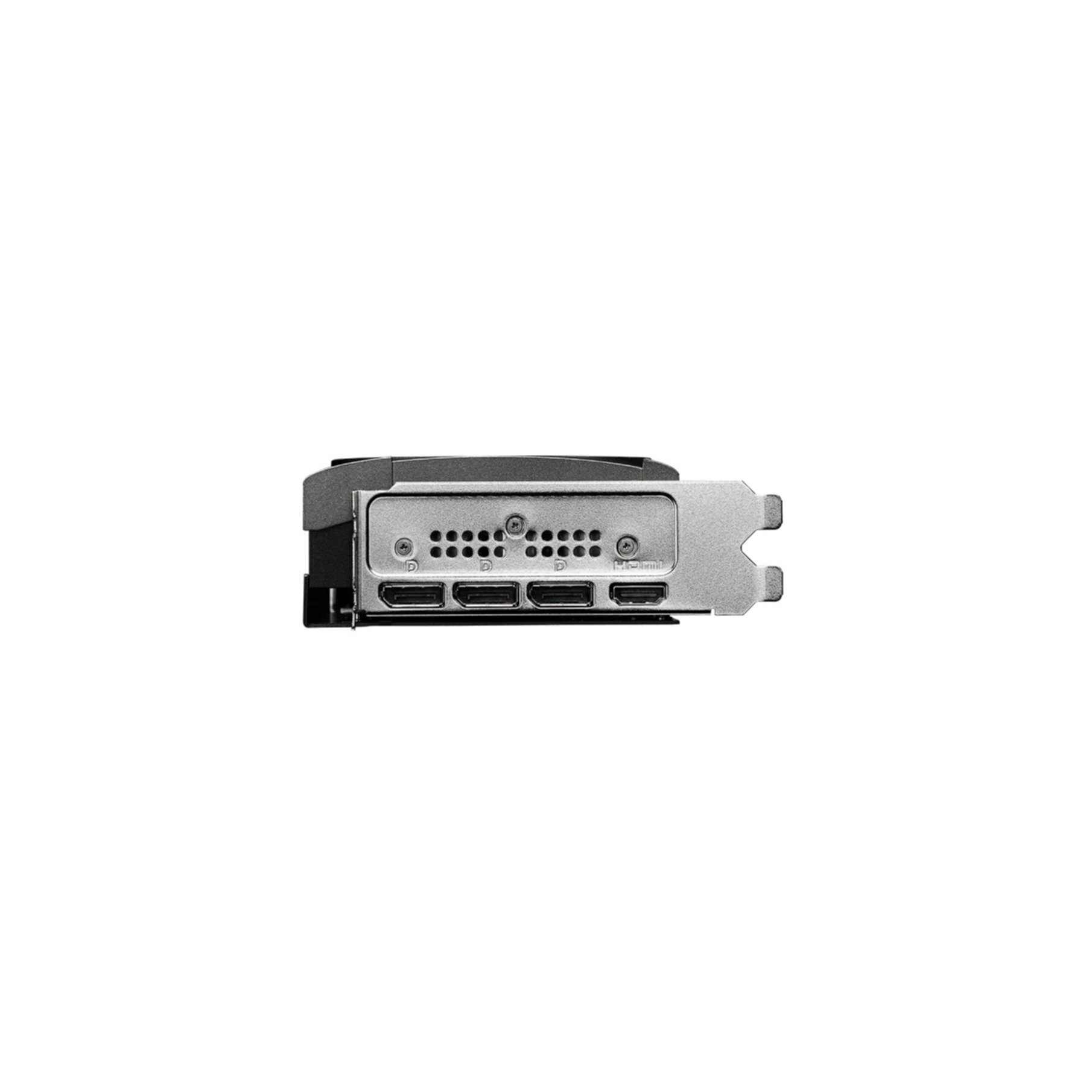 Rückseite einer Grafikkarte mit drei DisplayPort-Anschlüssen und einem HDMI-Anschluss.