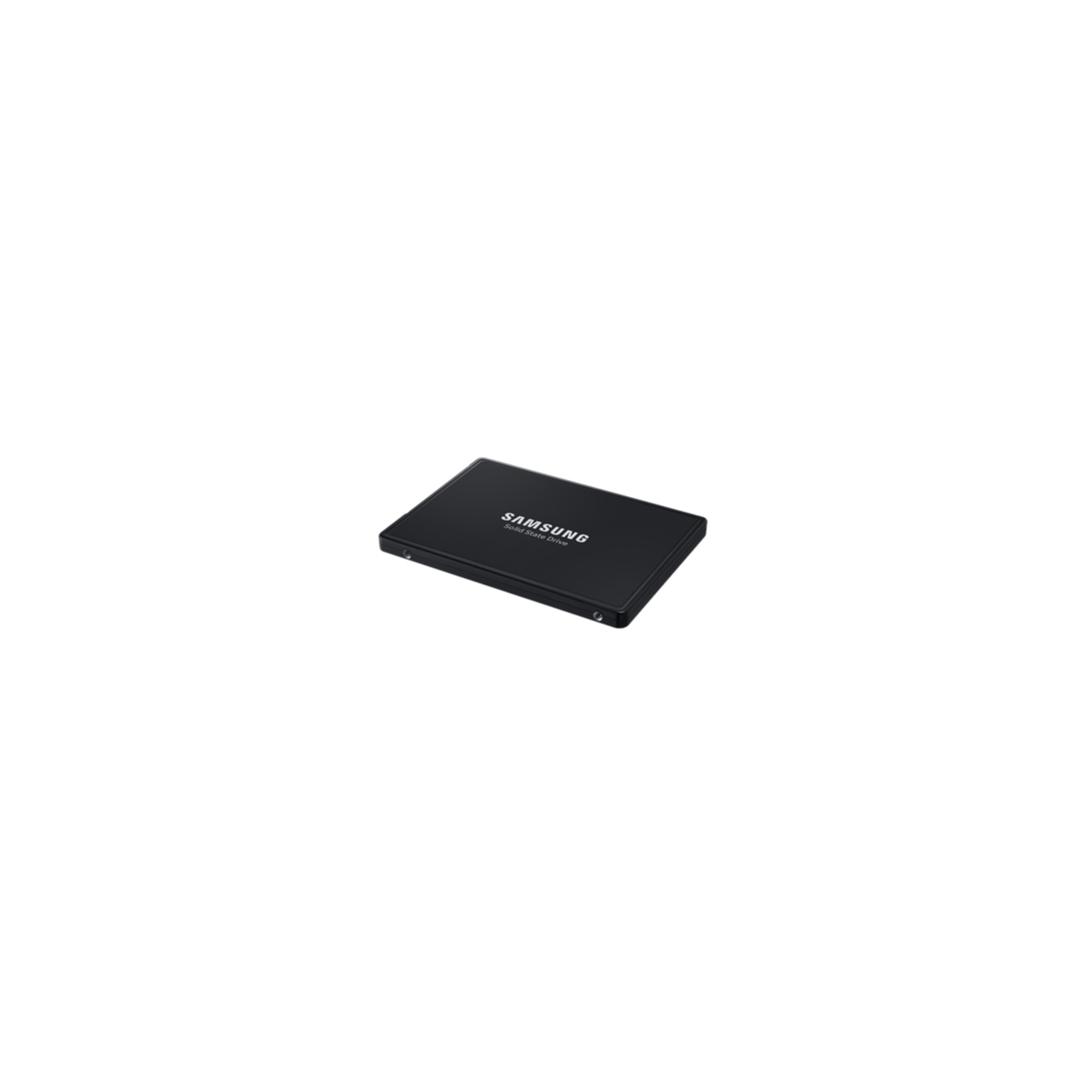 Un'unità a stato solido (SSD) Samsung nera su sfondo bianco.