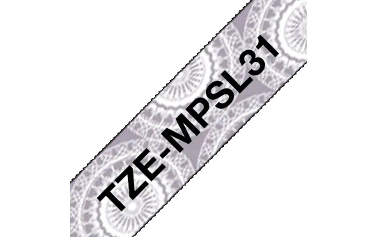 Ein weißer Riemen mit hellgrauem Spitzenmuster und dem schwarzen Text TZE-MPSL31.