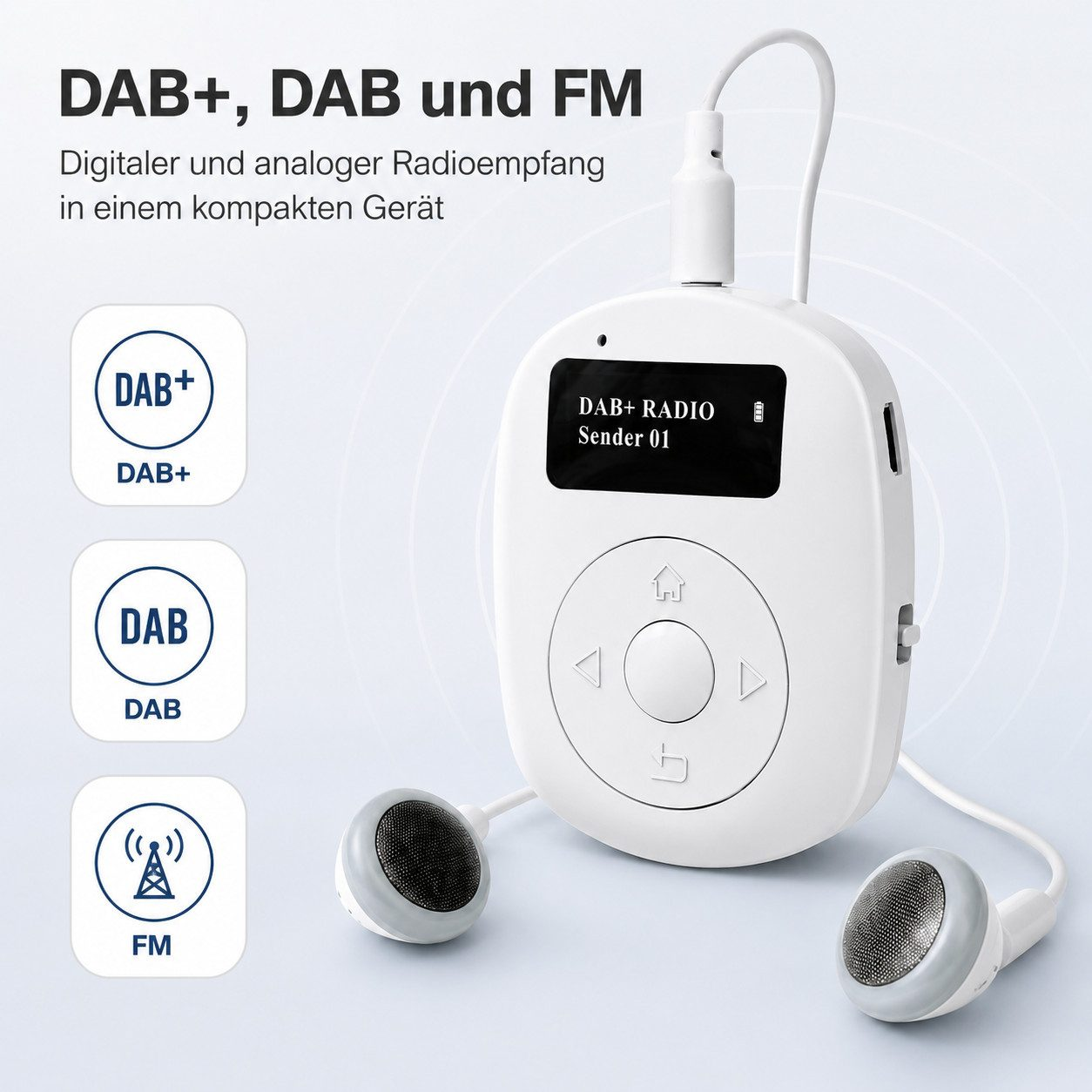 Weißes DAB+, DAB und FM Taschenradio mit Kopfhörern und digitalem Display.