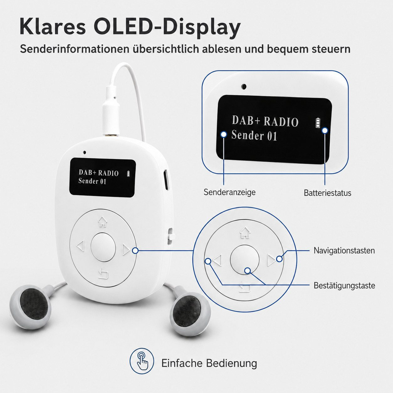 Weißes DAB+ Radio mit OLED-Display, Kopfhörern und gekennzeichneten Bedienelementen.