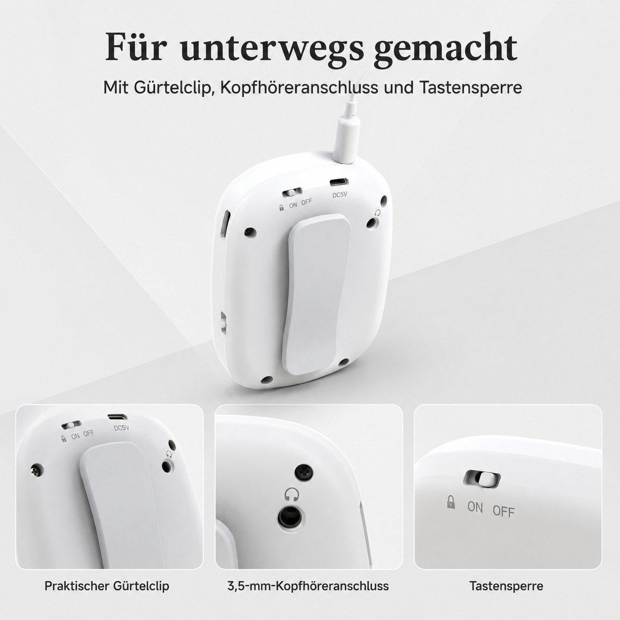 Weißes mobiles Gerät mit Gürtelclip, Kopfhöreranschluss und Tastensperre auf hellem Hintergrund.