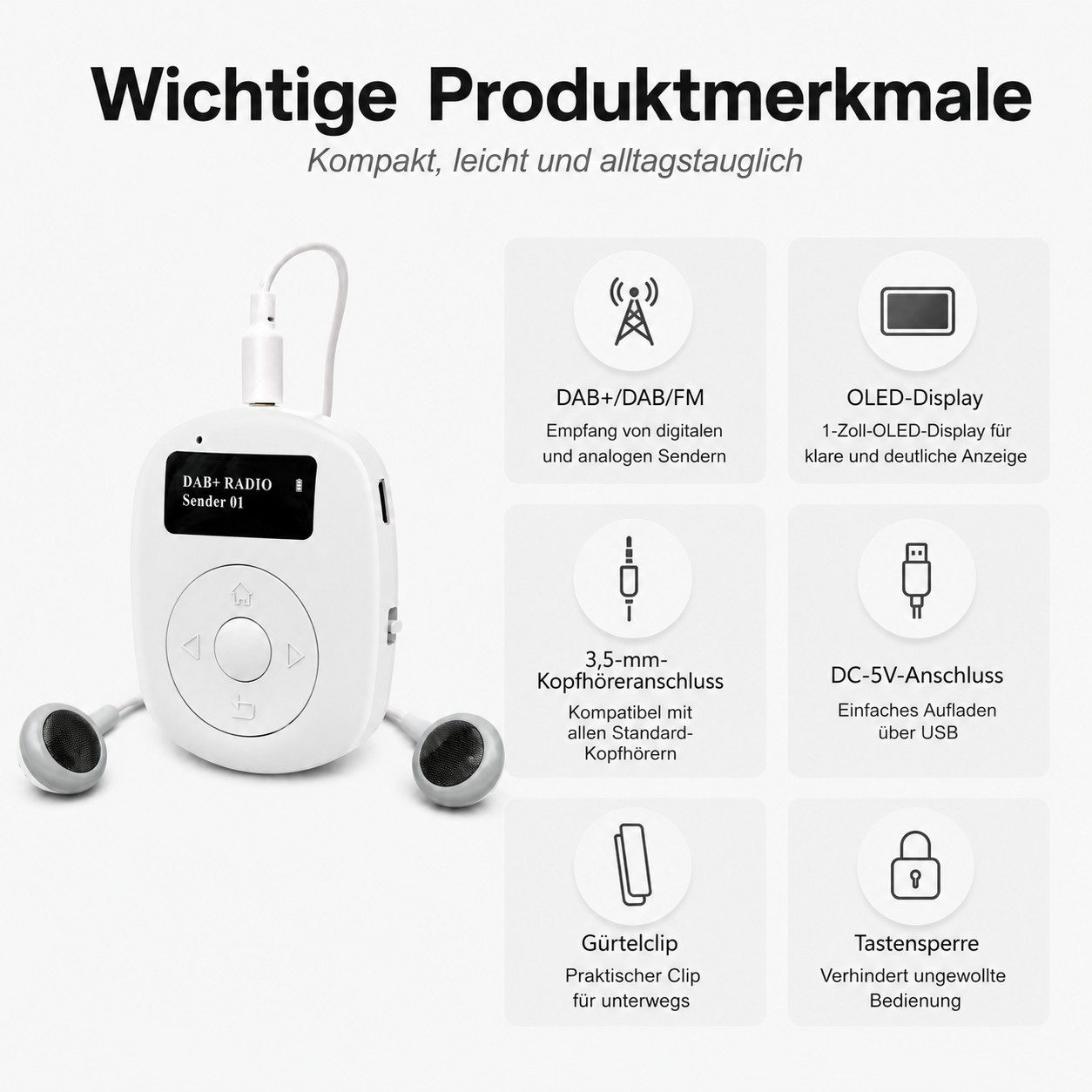Weißes DAB+ Radio mit Kopfhörern und sechs Produktmerkmalen auf hellgrauem Hintergrund.