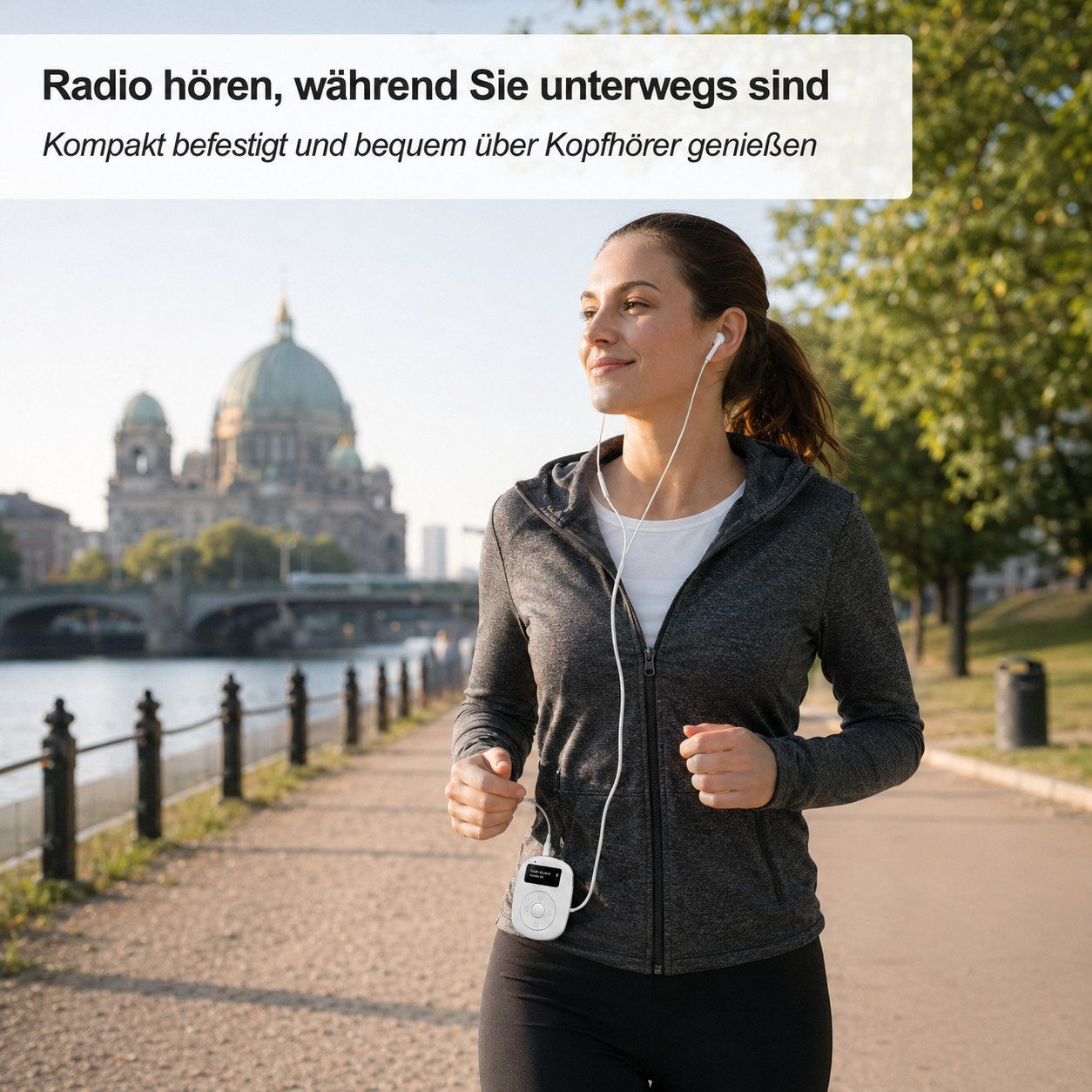 Eine Frau joggt am Flussufer mit Kopfhörern und einem kleinen Radio.
